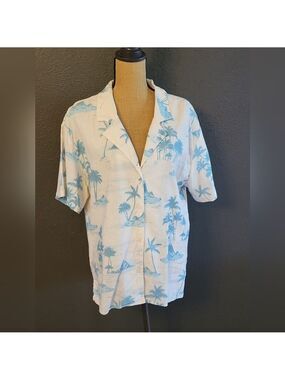 Gianni Bini Dannajo Margaux Linen/Viscose Ivory And Blue Hawaiian Shirt Large